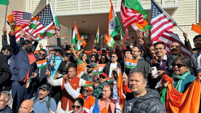 Members of the Indian-American community hold a peace rally in support of India in front of the Consulate General of India in San Francisco